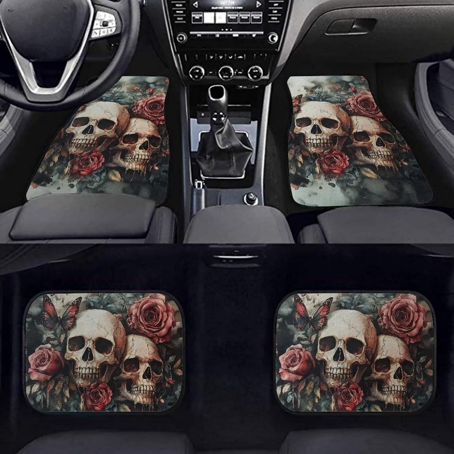 Skull Rose Car Floor Mats 4 Piece Easy to Install Driver Passenger and Rear Floor Mats with Anti-Slip Pad Dust Proof Car Interior Accessories for SUV,Vans,sedans,Trucks