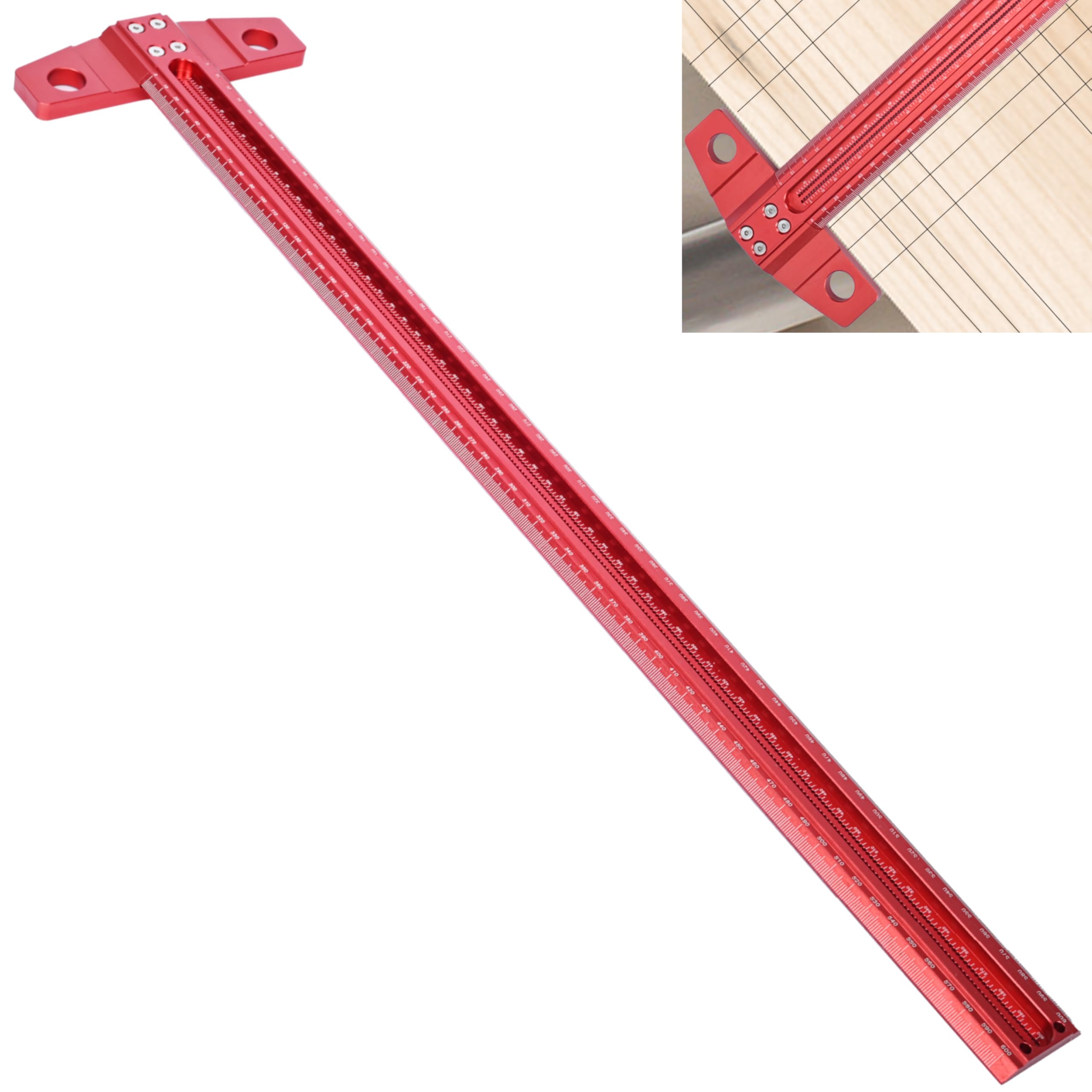 Aleawol Red T Type Woodworking Scriber Ruler 600Mm, T Type Square Ruler 90 Degree Right Angle Scribe Architect Rulers Layout And Measuring Marking Tools For Carpenter, Aluminum Alloy Scriber