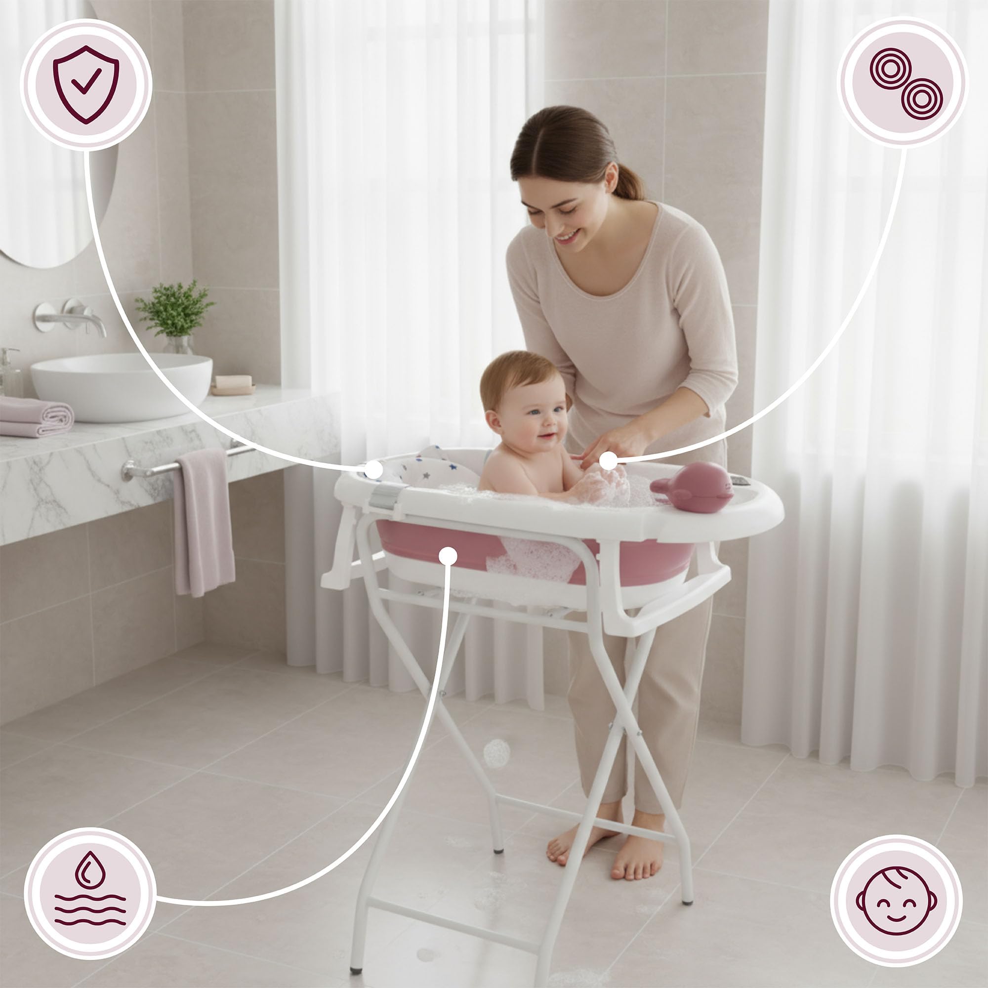Moby-System Bañera Bebé Plegable con Termómetro LCD Incluye Inserto Soporte Alto y Bajo Vasito de Ballena – Compacta y Segura desde Recién Nacido – Rosa Empolvado