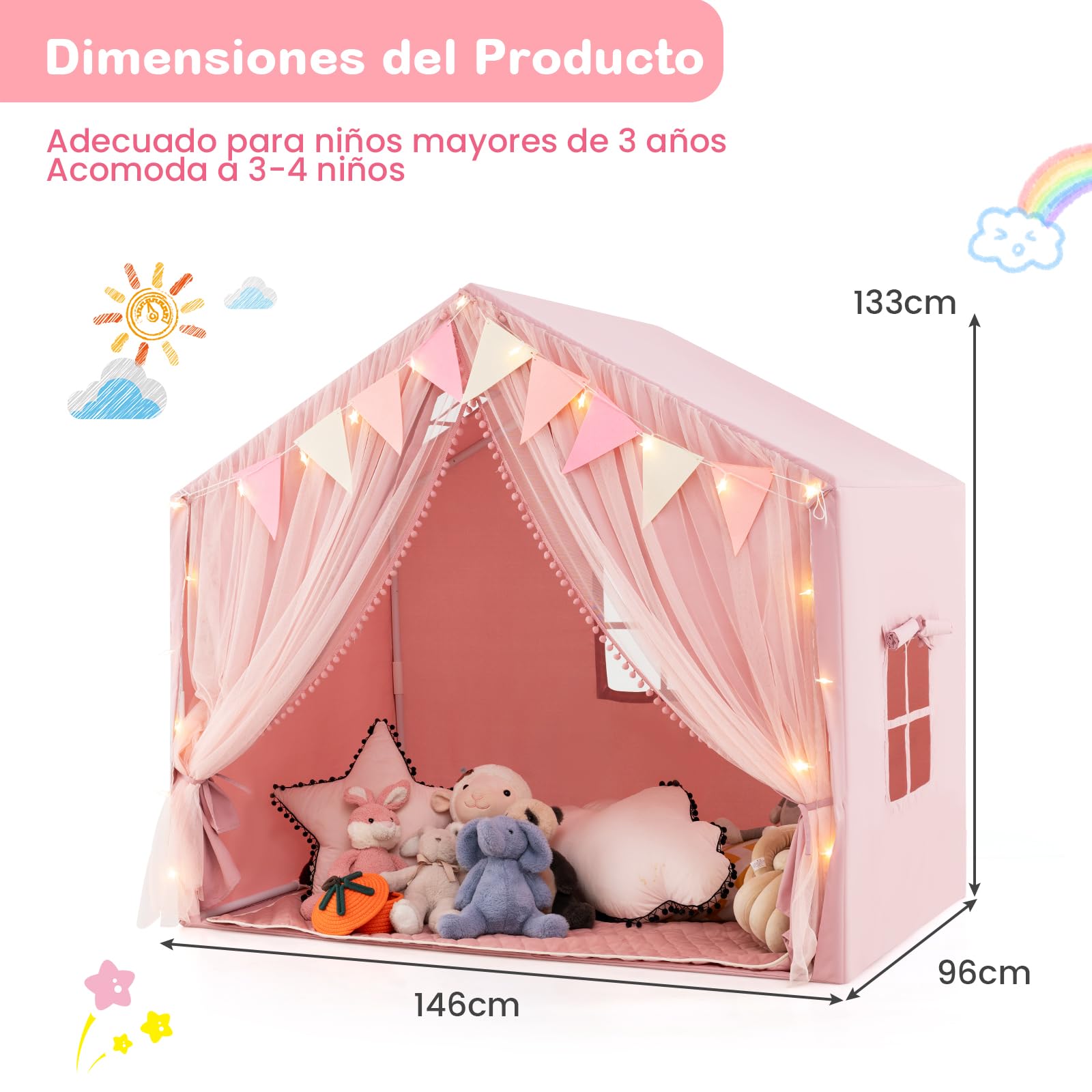 COSTWAY Tienda de Campaña Infantil, Tienda Tipi Infantil con 2 Cortinas de Tela y Malla, Luces de Estrellas, 2 Ventanas Transpirables, Almohadilla de Algodón, Casita Niños Tela para 3-4 Niños (Rosa)