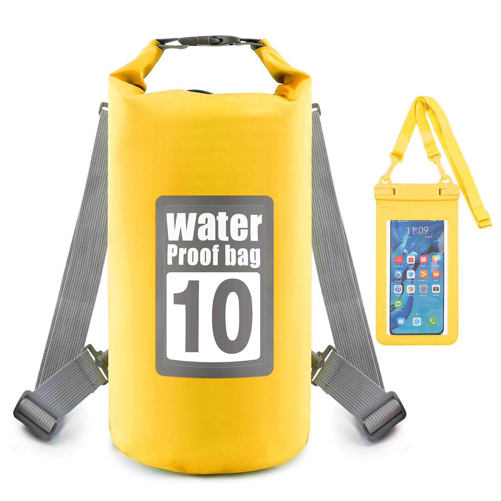 Artmitz 10L Waterproof Dry Bag with Phone Pouch & Double Shoulder Strap - Waterproof Backpack for Travel, Fishing, Cycling, Kayaking, Swimming, Boating & Beach (Yellow)