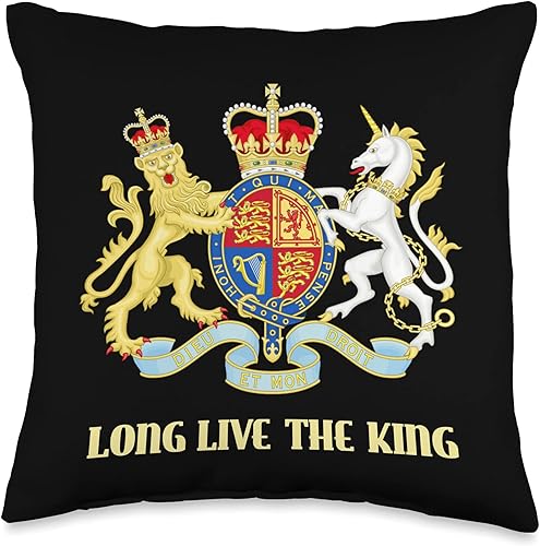 UK Royal Coat of Arms & Emblems Almohada con emblema del escudo de la Real Británica Long Live the King, 16.0 x 16.0in, multicolor