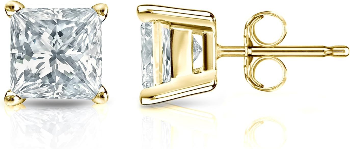 1/3 Carat Princess Cut Diamond Stud Earrings in 14k White or Yellow Gold (I2-I3, cttw) 4-Prong Basket Push Back by Diamond Wish