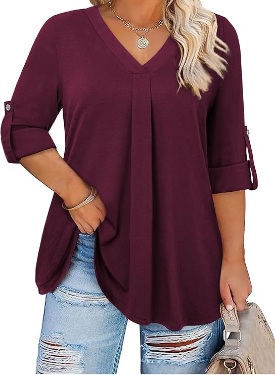 Plus Size Tops for Women V Neck Blouse Pleated Front Loose Fitting Tunic Top Dressy Casual Fall Clothes 2025