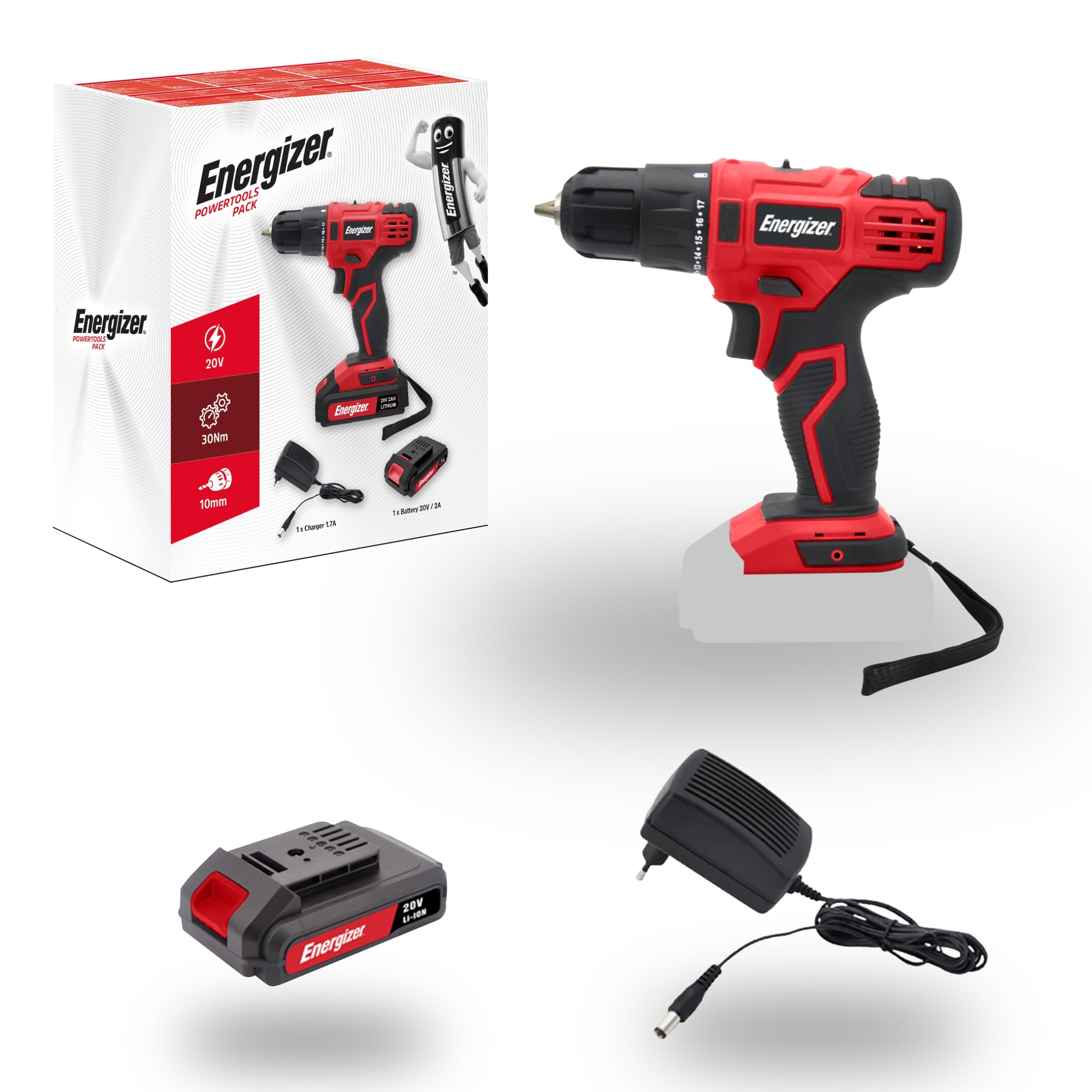Energizer Trapano avvitatore senza fili 20 V, 30 Nm, 25 + 1 impostazioni di coppia, 2 velocità, LED, batteria 2,0 Ah e caricabatterie inclusi, per fai da te, rosso