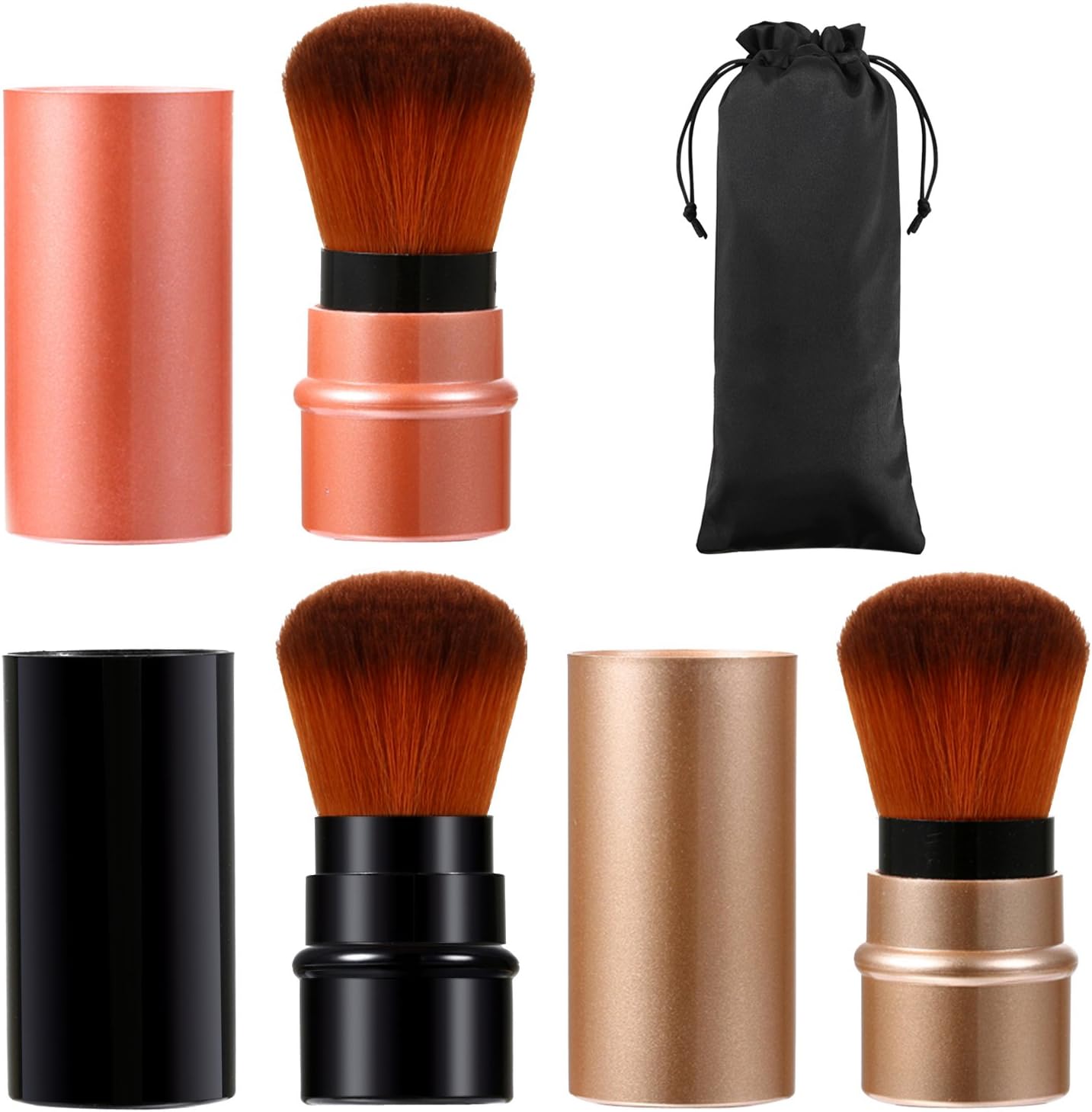 Vtrem 3 Colors Retractable Makeup Brush Travel Blush Brushes Kabuki Foundation Brush Portable Face Powder Brush Mini Makeup Brush Set with Cover, Red/Black/Brown