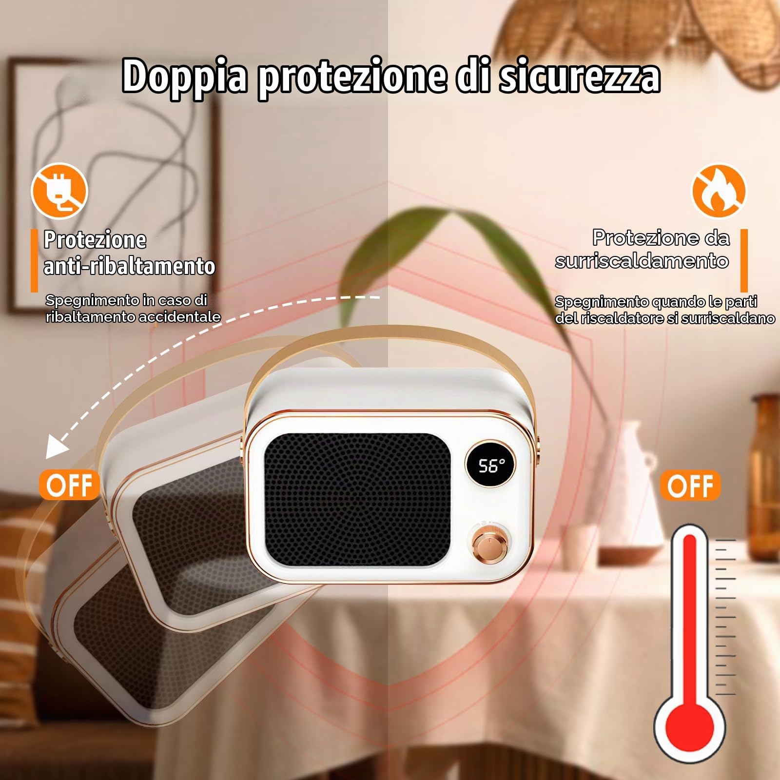 Riscaldatore d'Ambiente, Mini Stufetta Elettrica Ceramica 1200W, Design antiribaltamento, Stufetta Elettrica Basso Consumo Portatile per Soggiorno, Camera da Letto, Scrivania(Bianco)