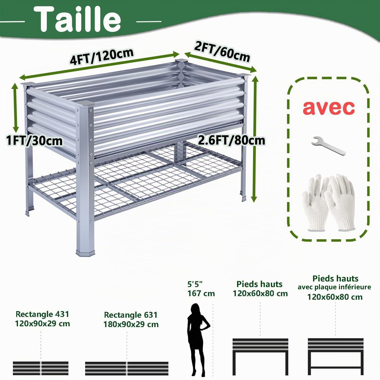 Potager à Hauts Pieds (4 * 2 * 2.6 FT/120 * 60 * 80 CM) (Métal avec Plaque de Fond)