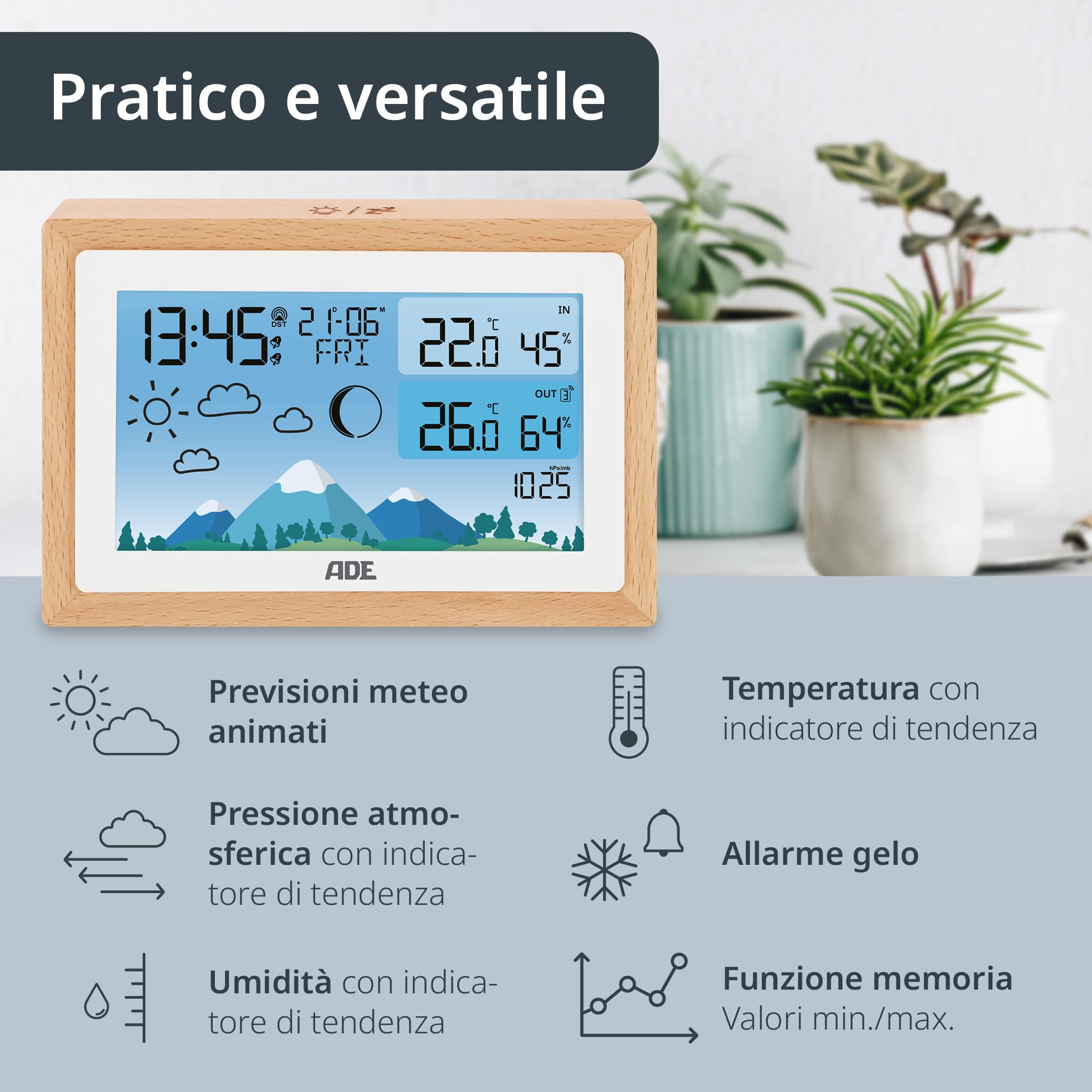 ADE Stazione meteo con sensore esterno | termometro ambiente | igrometro umidità casa | barometro | radiosveglia digitale da comodino | Batteria e adattatore di rete inclusi