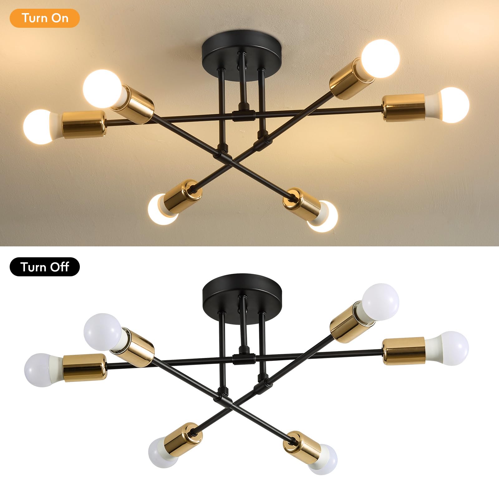 ENCOFT Lampa sufitowa w stylu vintage, industrialna, lampa sufitowa w stylu retro, 6 żarówek, lampa kuchenna, sufitowa, E27, czarno-złota, lampa sufitowa, do sypialni, salonu, biura