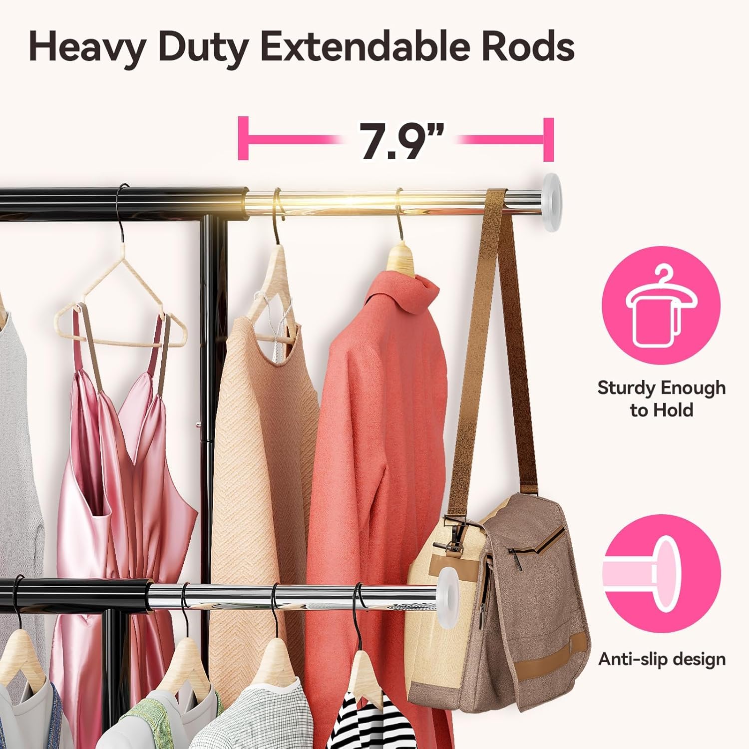 SUFAUY Commercial 80" H Clothes Rack for Hanging Dresses, Extend 50“L Double Rolling Garment Rack on Lockable wheels with Adjustable Rod and Storage Shelves, Load 350 LBS, Black