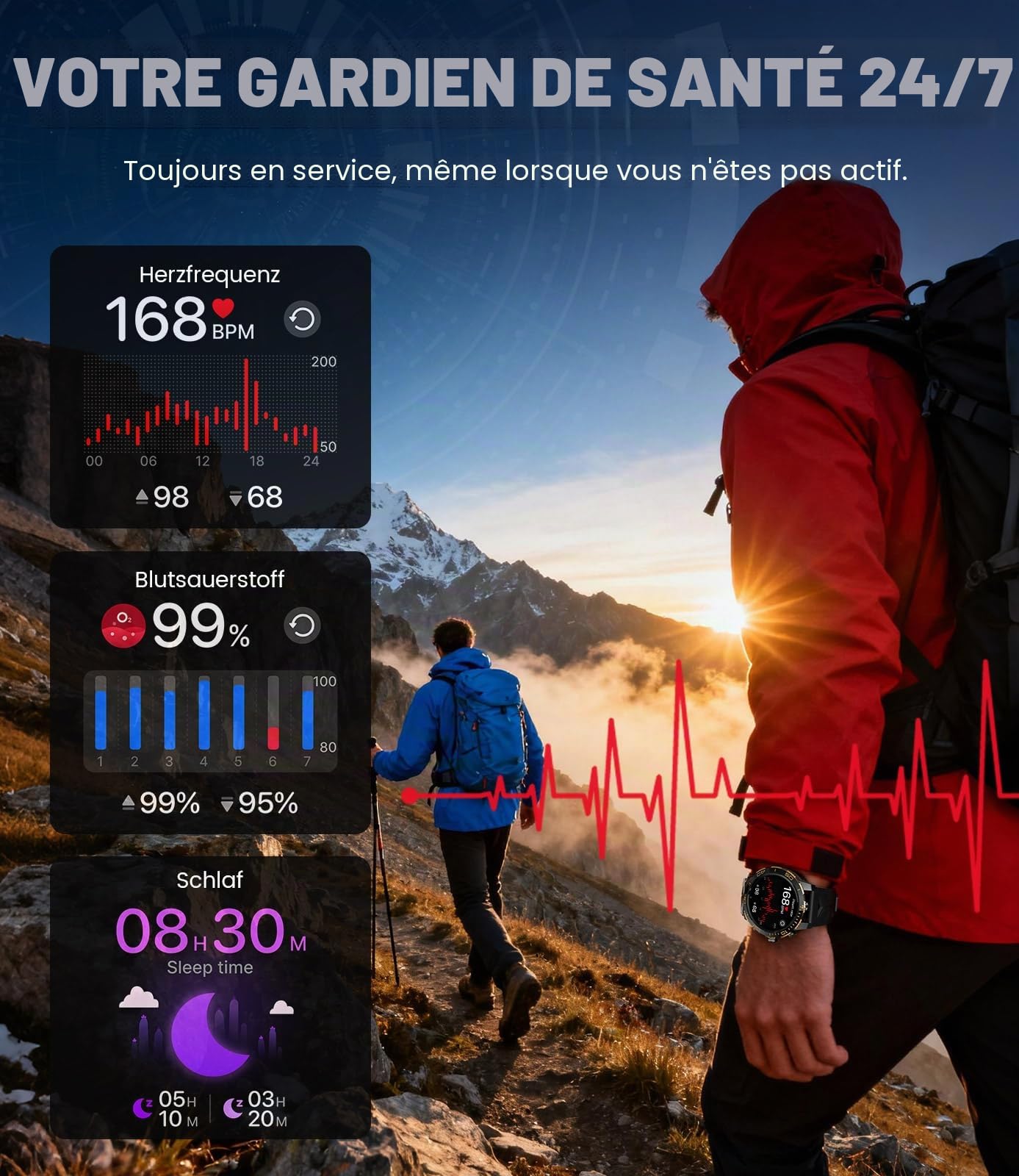 FITFLEX Montre Connectée Homme avec Batterie 800 mAh, 1.43" HD AMOLED Smartwatch Homme avec Appel Bluetooth/120+ Sportifs/Sommeil/Lampe de Poche, Etanche IP68, Fitness Montre iOS Android