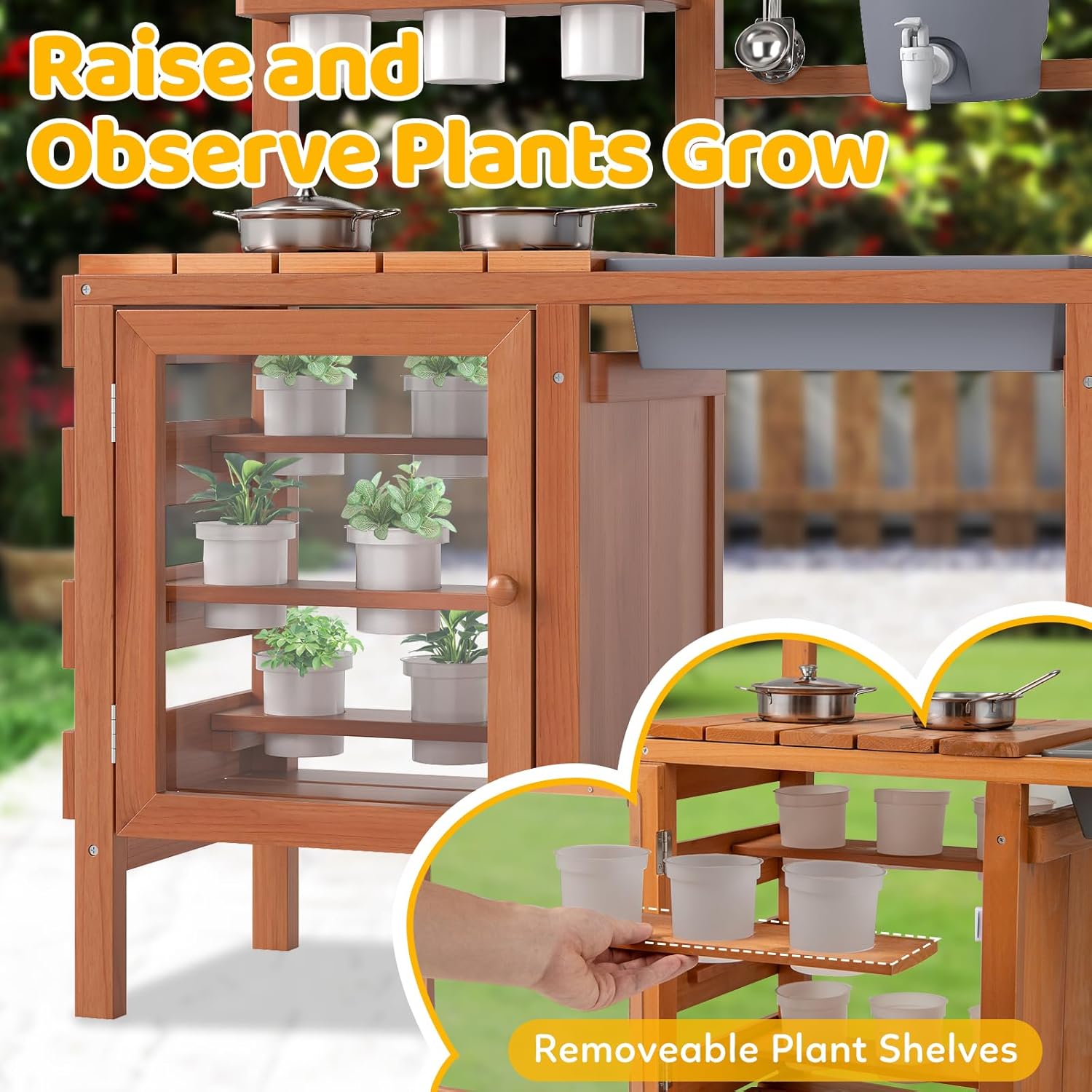 OLAKIDS Mud Kitchen for Kids Outdoor, Wooden Toddler Play Kitchen with 12 Plant Pots, Sink Faucet Chalkboard Stoves Storage Shelves, Children Potting Pretend Toy for Backyard Garden (with Pots)
