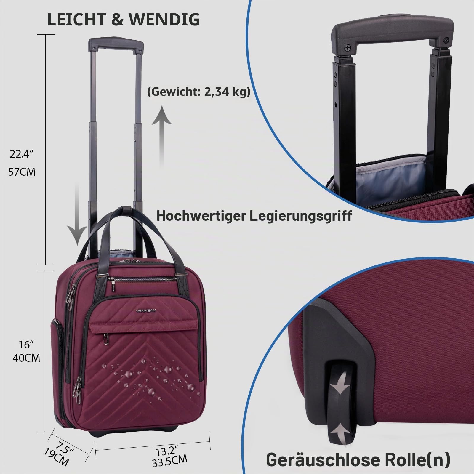 VANKEAN Laptoptasche mit Rollen16-Zoll-Multifunktions Undersitzer Leichtgewicht Overnight Koffer mit Rädern Rollenkoffer für Frauen Männer Reisen Business Arbeit, Violett