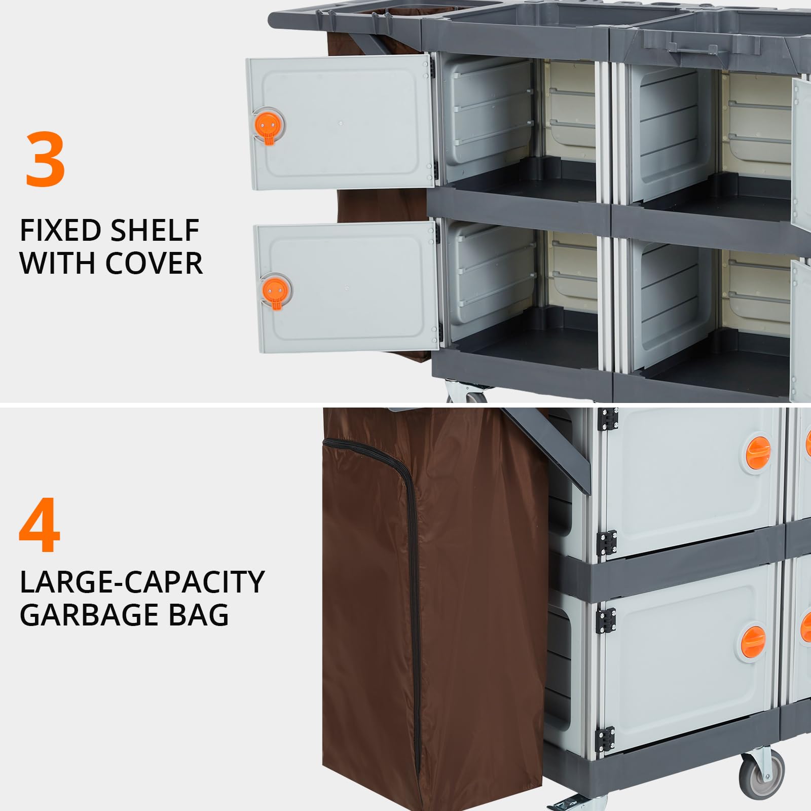 Carrello per pulizie professionale a 4 scomparti con doppio coperchio, manico in PP, struttura in alluminio, ruote silenziose TPR da 4 pollici, sacchi inclusi