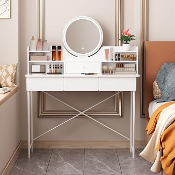 Vanity Desk with Mirror and Lights, Dressing Table, 3 Modes Brightness Adjustable, Makeup Vanity Desk with LED Lighted Mirror, Vanity Table with Drawers and Opening Shelves White 3