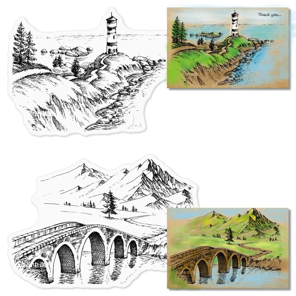 Mountain Landscape Clear Stamps for Card Making, Bridge River Clear Rubber Stamps Sea Tree Scenery Stamps for Holiday Card Making Decor DIY Scrapbooking Transparent Album Decor Paper Craft