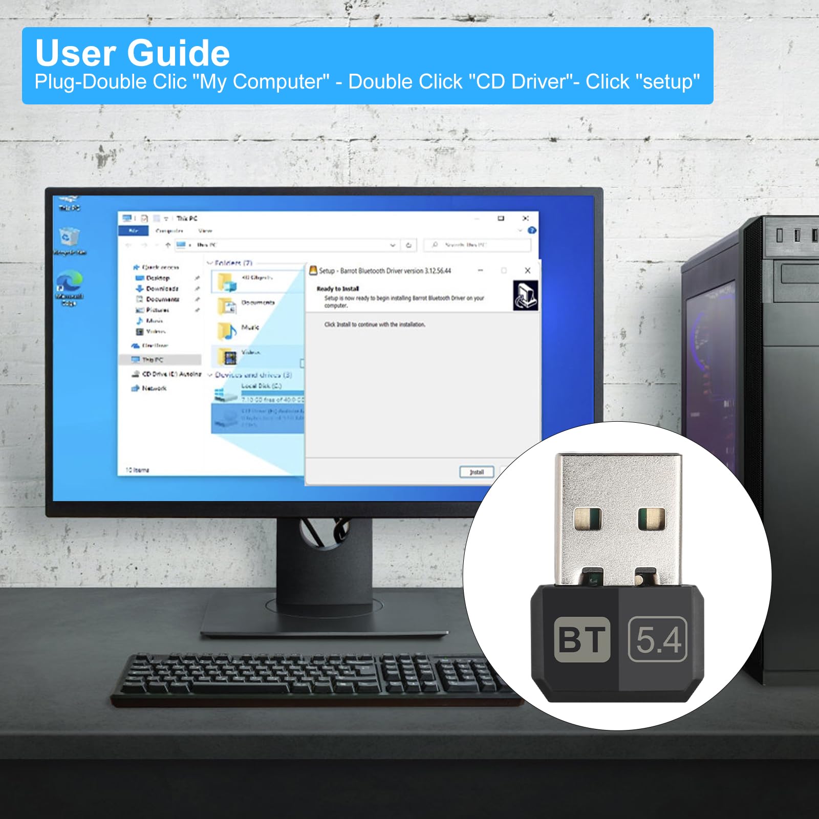 TNSLAND Adapter Bluetooth 5.4, USB Stick Dongle do PC, Plug and Play, Kompatybilny z Win7 8 8.1 10 11