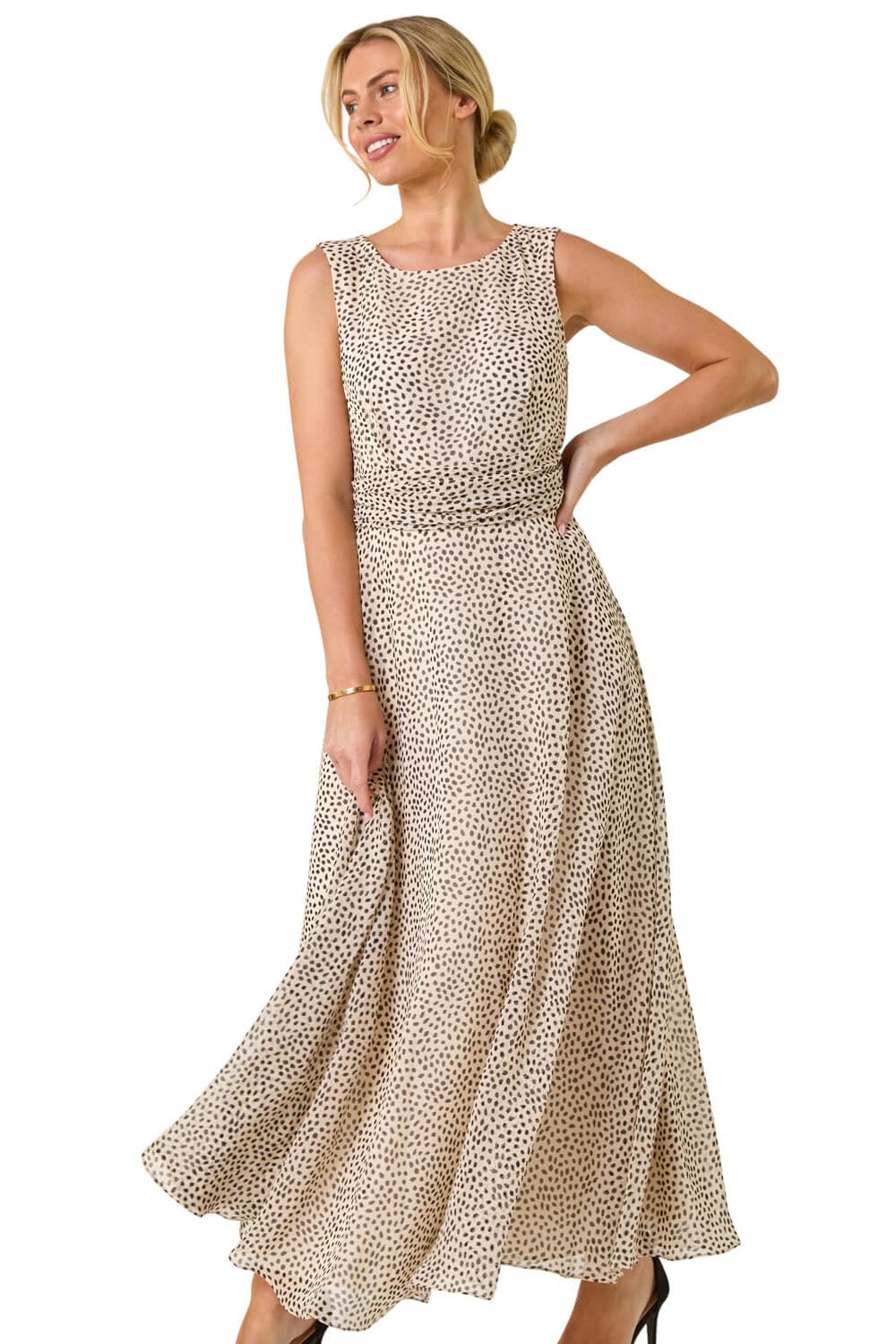 Roman Petite Spot Print Ruched Waist Midi Dress, White, Size 14, Women