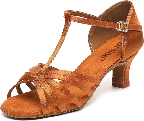 foralod Satin Dance Shoes for Women, Ballroom Dance Shoes Low Heels, Prom Shoes for Woman Dancing, Latin Salsa Dance Heels, Open Toe Ankle T-Strap Sandals, Wedding Dressy Shoes, Suede Sole