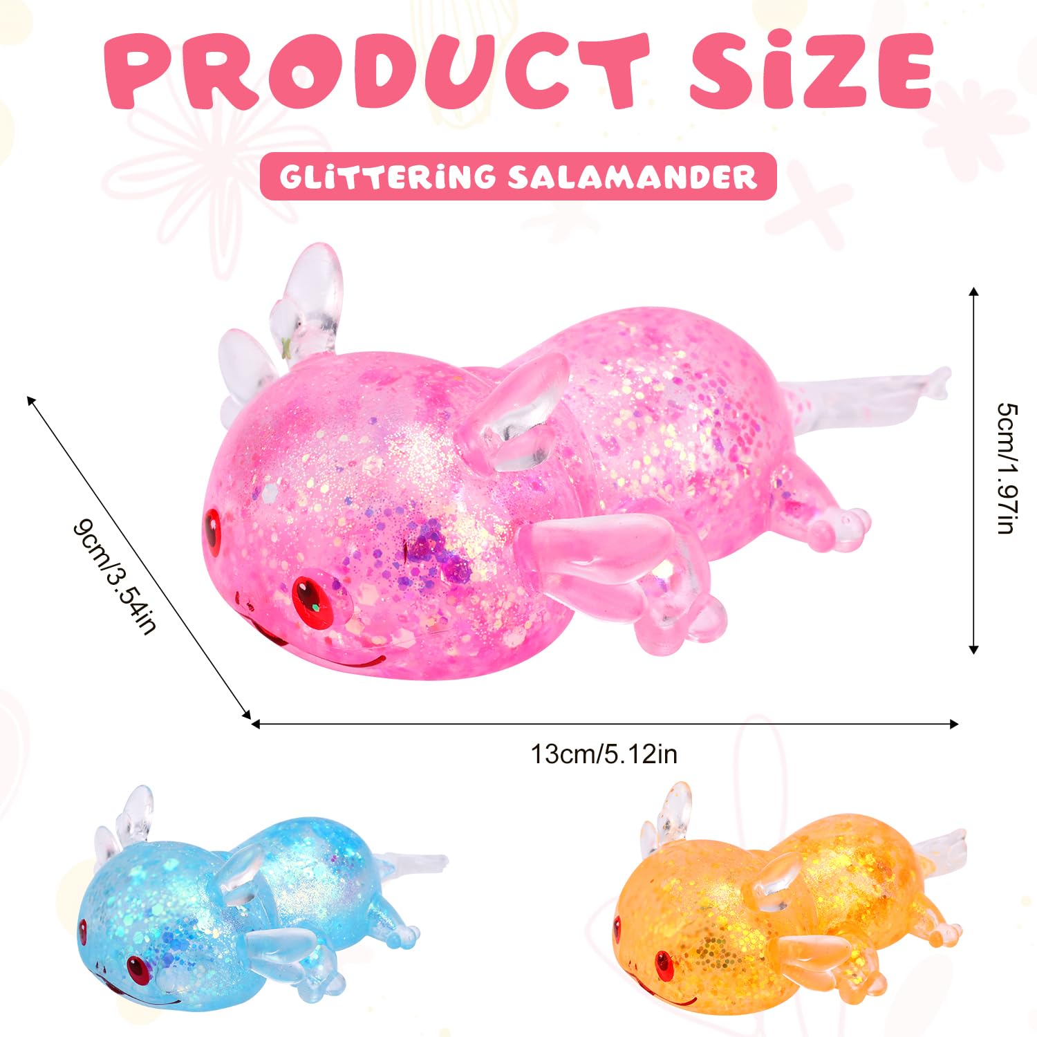 3pcs Axolotl Toy Stress Balls, Cute Glitter Sugar Squeeze Squishy Salamander Soft Animal Relief Fidget for Adults Kids Soothing Gift (Yellow, Pink, Blue) - Image 2