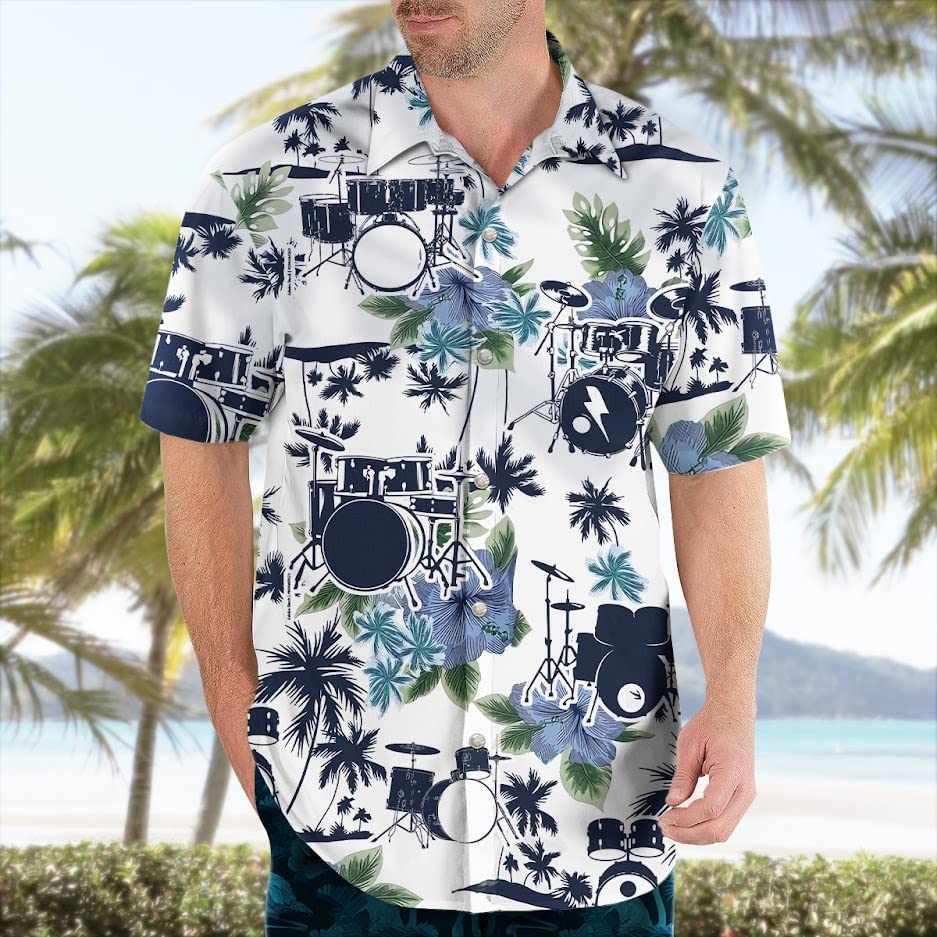 Hawaiian Drum Shirt Men Short Sleeve Drummer Button Down Shirt - Vintage Drum Shirts for Men4