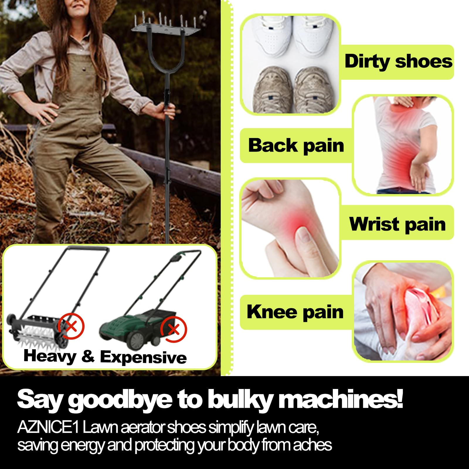 Chaussures aérateurs de pelouse, chaussures d'aération robustes pour pelouse avec sangles réglables, installation facile, taille unique pour pelouse, cour, sol, terrasse (vert)