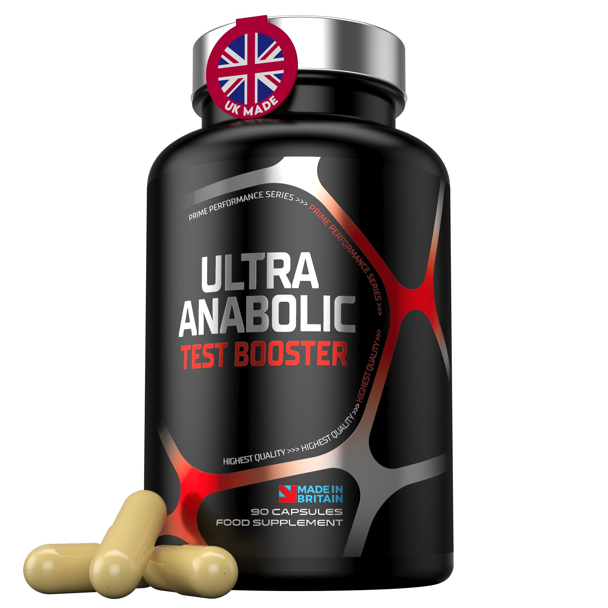 Booster de Testostérone pour Homme – ULTRA ANABOLIC, Formule Renforcée pour la Testostérone, la Musculation, l’Énergie & la Libido – Complément Végan au Magnésium et Zinc, 90 Gélules