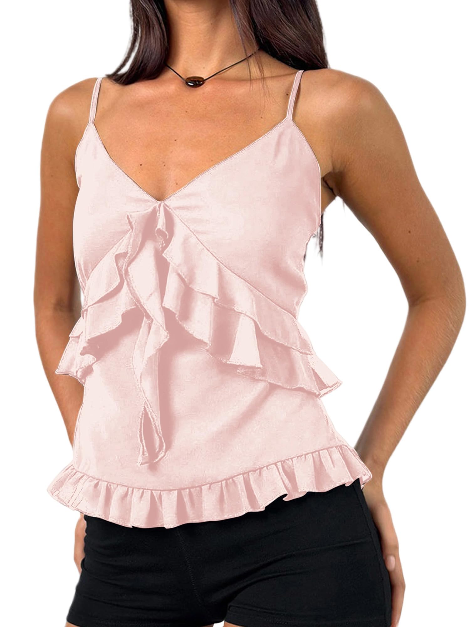 Women Y2k Chiffon Ruffle Cami Top Tie Front Sleeveless Spaghetti Strap V Neck Ruched Flowy Peplum Babydoll Tops Summer Coquette Streetwear
