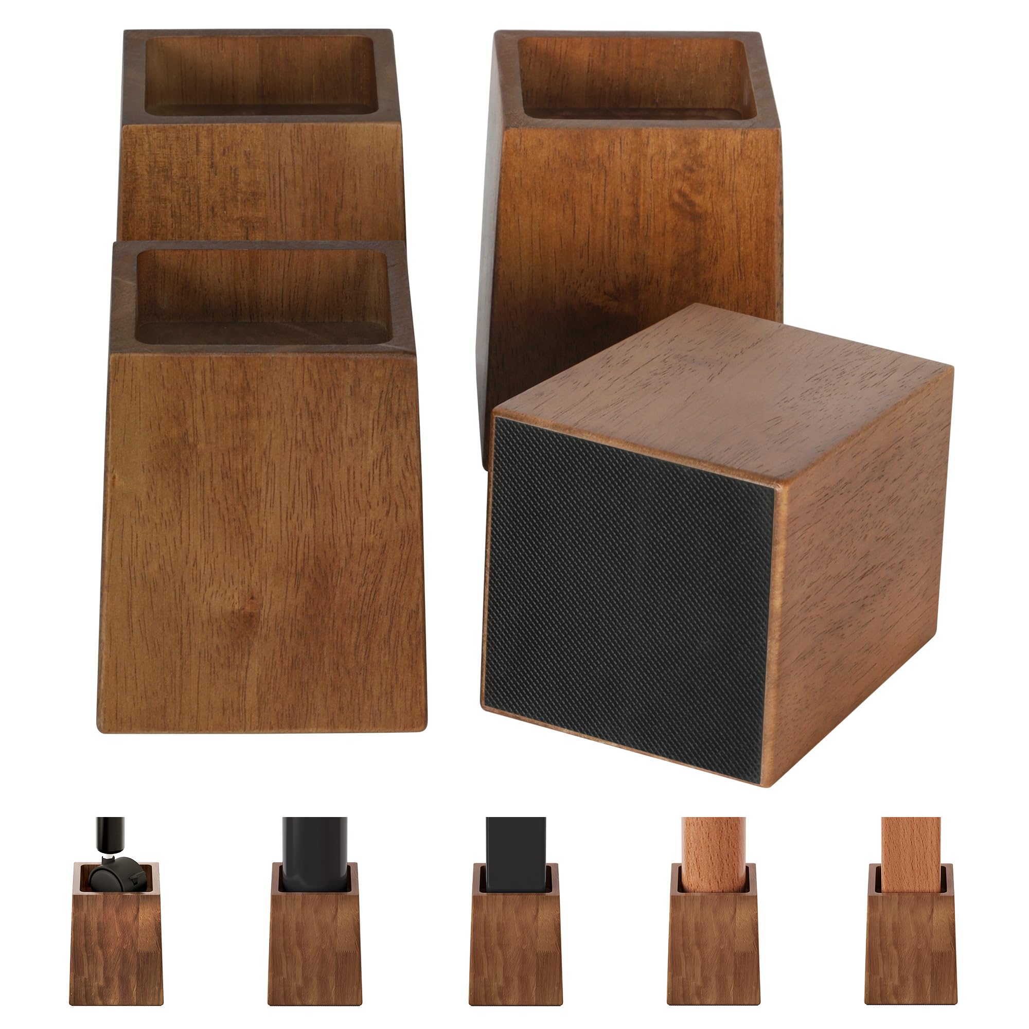 Photo 1 of TQVAI Bed Risers Heavy Duty, Support 2200 lbs, 1-in Deep Anti-Fall Edge, 4 Pack Wooden Furniture Bed Lifts Risers with Non-Slip Pads for King Queen Twin Full Size Frame, Retro Brown, 5" H(Inner 4" H)