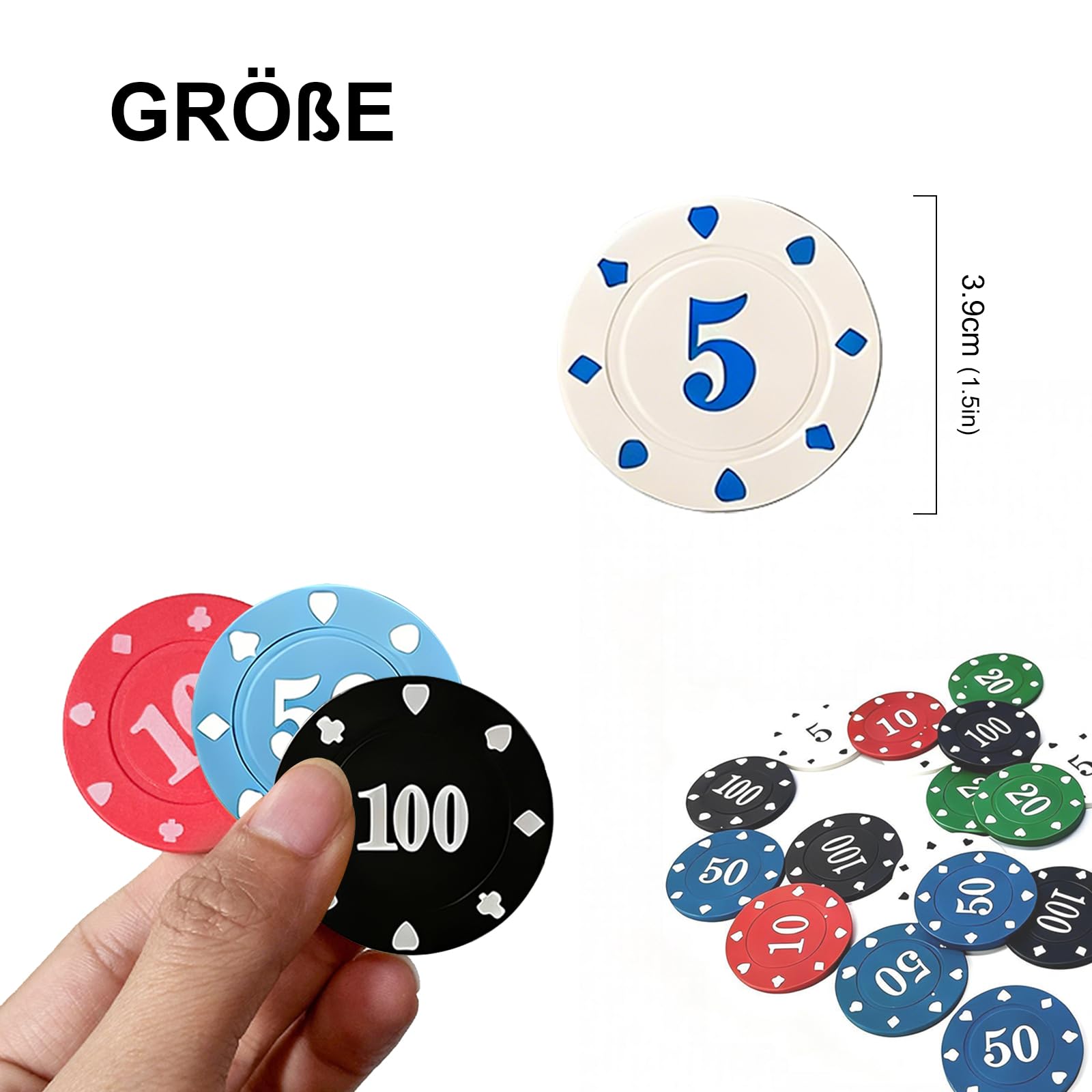 300 Stück PokerChips Kunststoff Nummerierte Chips 5/10/20/50/100,Poker Zubehör,Wertmarken Chipsfür Reisen und Familienpartys
