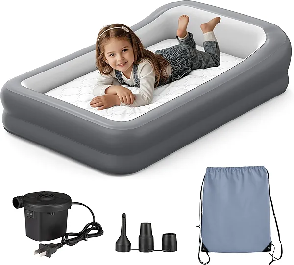 GloTika Inflatable Toddler Travel Bed, Portable Kids Air Mattress with Soft Bed Sheet, Toddler Air Mattress with Surround Safety Bumpers, Ideal for Home Use or Travel, Includes Pump and Carry Bag