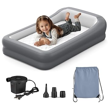 GloTika Toddler Travel Bed - Inflatable Kids Air Mattress with Surround Safety Bumpers & Soft Cotton Sheet, Portable 63" Rest Solution for Grandparents House, Camping or Transitioning