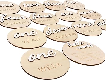 3D Wooden Monthly Milestone Cards, Baby Monthly Milestone Marker Cards, Newborn Memento Milestone to Document Babys Growth, Pregnancy Journey Sign -incl Announcement & Hello World Sign.