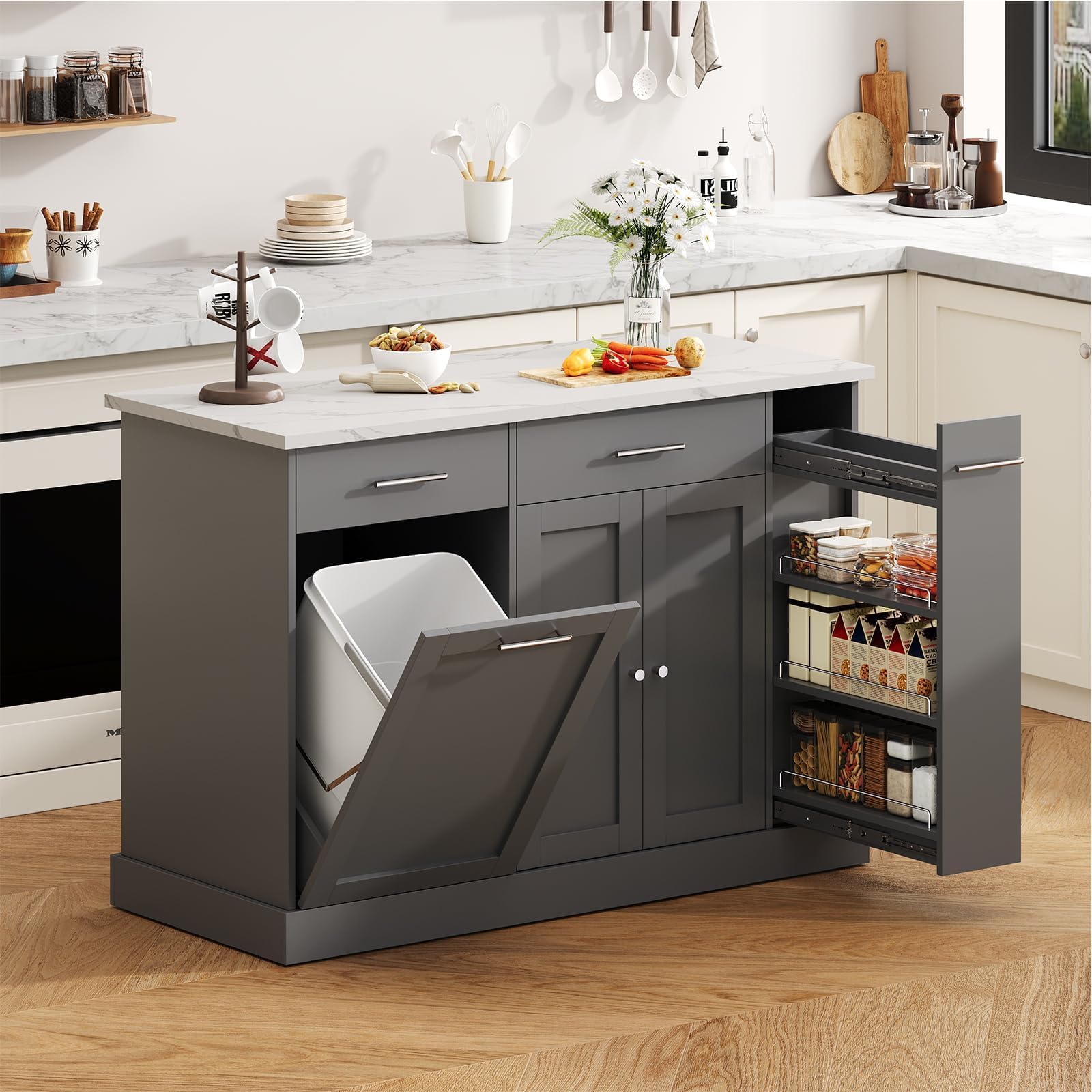 53 Inch Kitchen Island with Trash Can Storage, Rolling Island Table, Grey