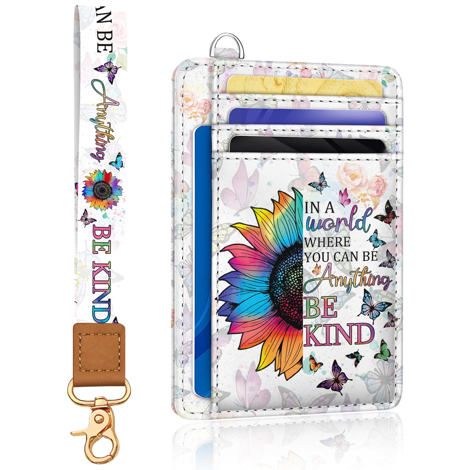 Yonlevres Be Kind Credit Card Holder Slim Wallet, RFID Wallet Women Front Pocket Wristlet Lanyard, Small Card Holder Travel Funny Cute Thin Card Case