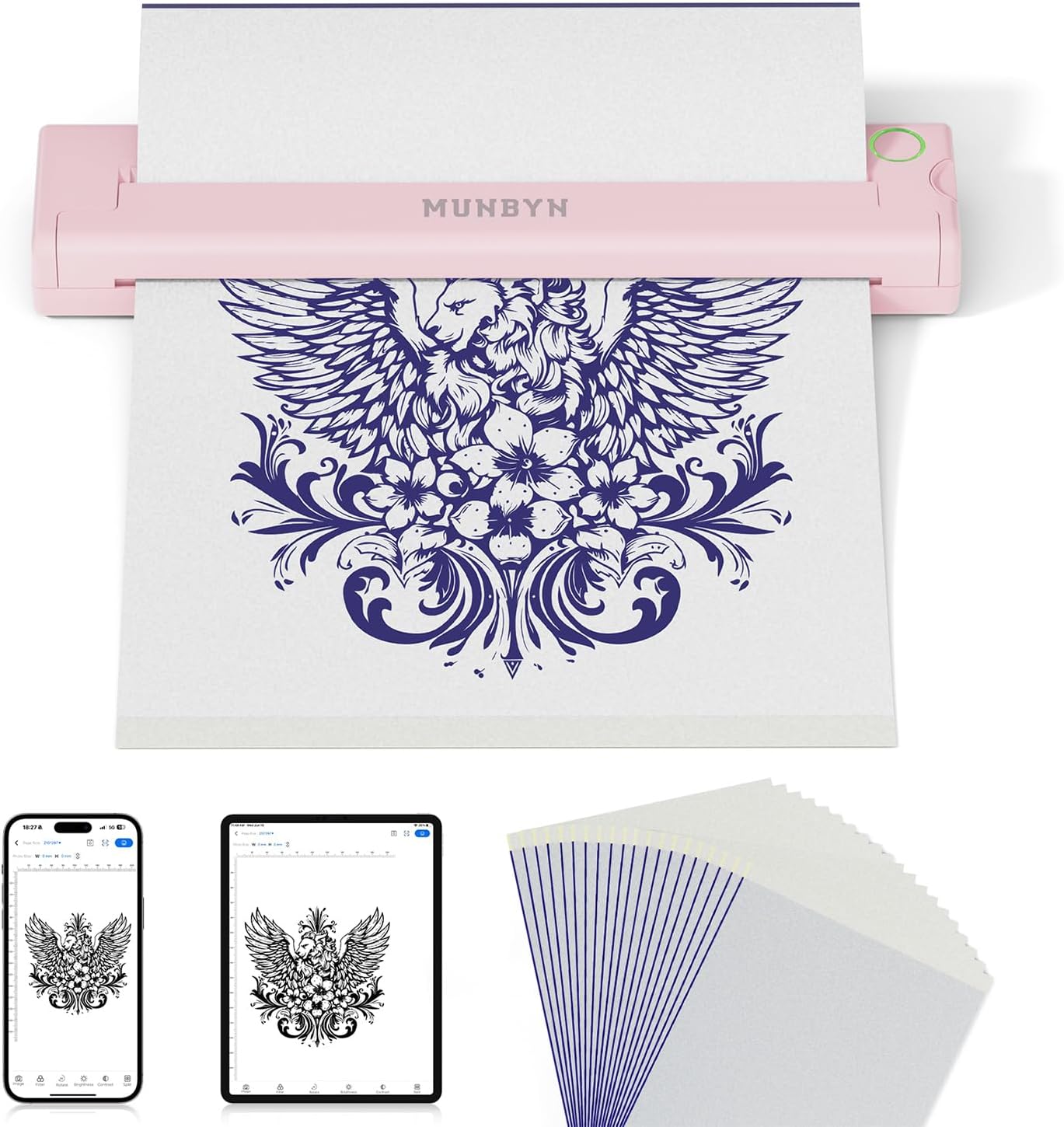 MUNBYN Tattoo Stencil Printer ITP05, Wireless Thermal Tattoo Printer with 20 Transfer Papers, Compatible with Android and iOS Phone/Tablet & PC, Tattoo Printer for Tattoo Artists & Beginners(Pink)