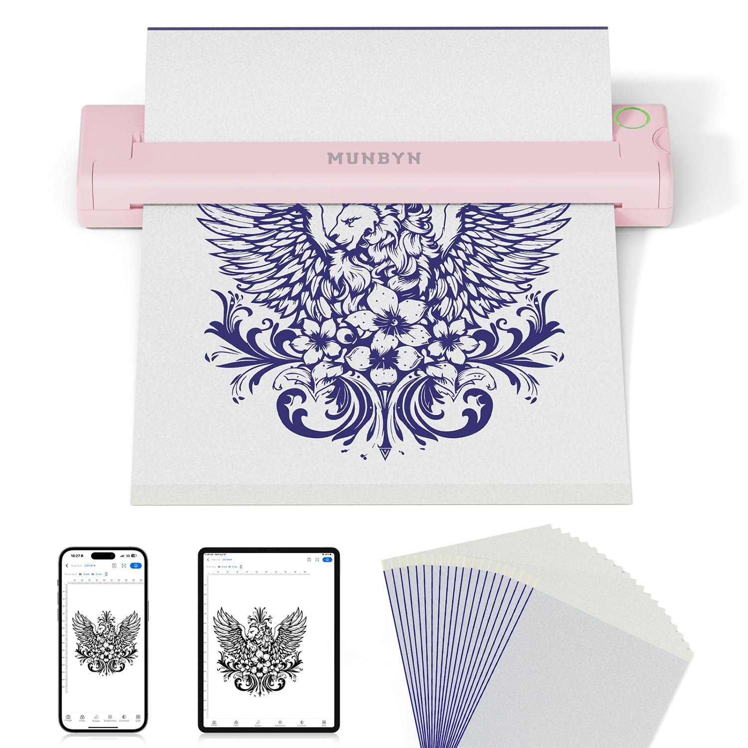 MUNBYN Tattoo Drucker Bluetooth, Stencil Drucker, Tattoo Printer Thermodrucker mit 20 Blatt A4 Transferpapier, Kompatibel mit Android iOS macOS Windows, ITP05, Rosa