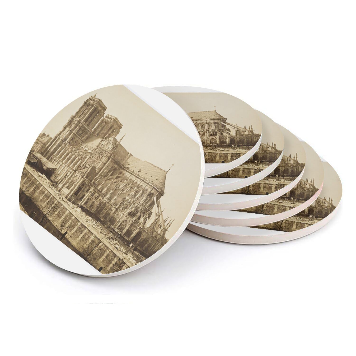 Sous-verre ronds en céramique Notre-Dame de Paris 1860 - Lot de 6 dessous de verre vintage