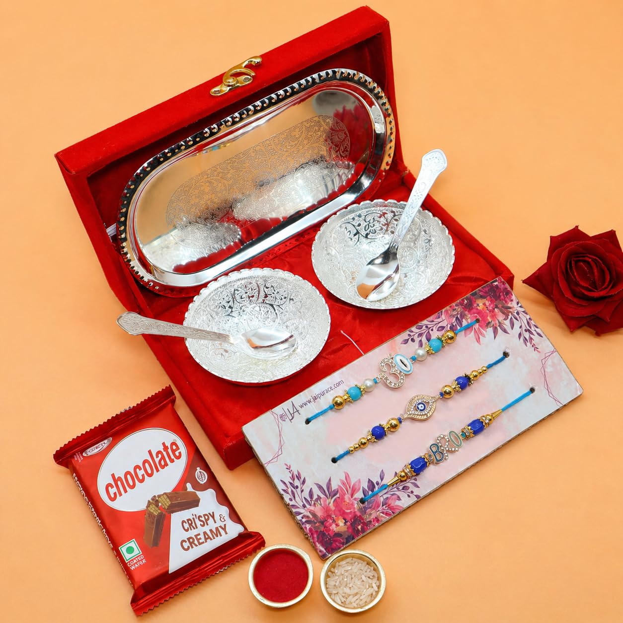 Jaipur Ace Premium Rakhi Gifts Hamper Rakhi for brother with Silver Plated Gifts Bowl Set With Kitkat Chocolate Rakhi & Greeting Card (3 Rakhi With Gift Hamper)-image-8