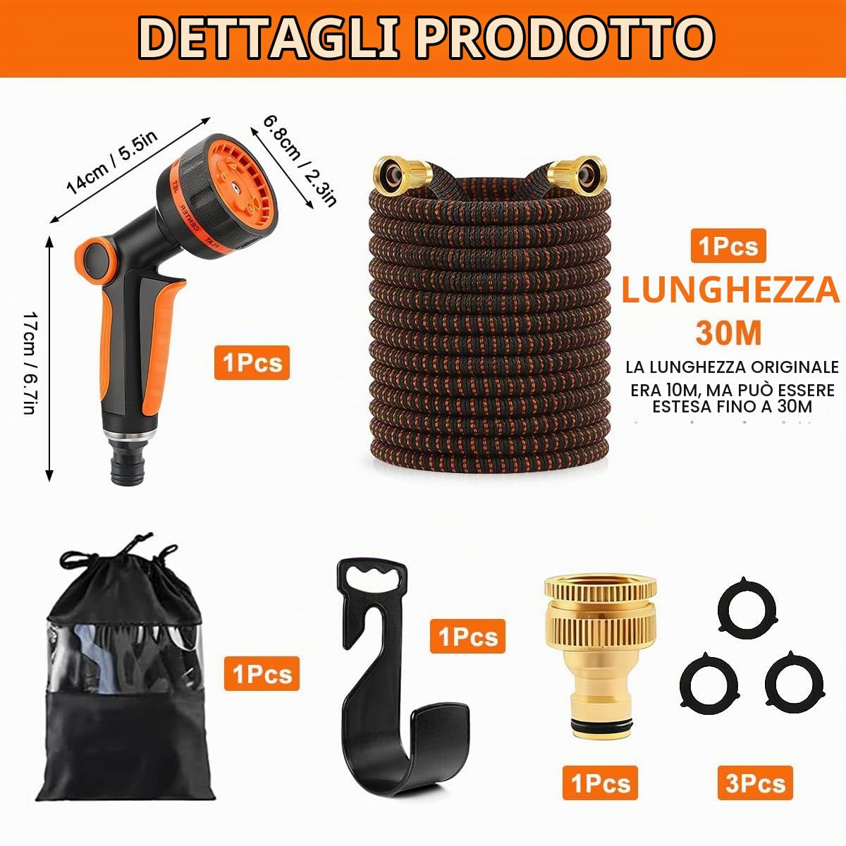 Tubo da Giardino Estensibile 30M/100Ft, Tubo da Giardino Flessibile con Pistola a Spruzzo a 10 Funzioni, Tubo Irrigazione da Giardino con Adattatore da 1/2" e 3/4", per Prato, Lavare l'Auto