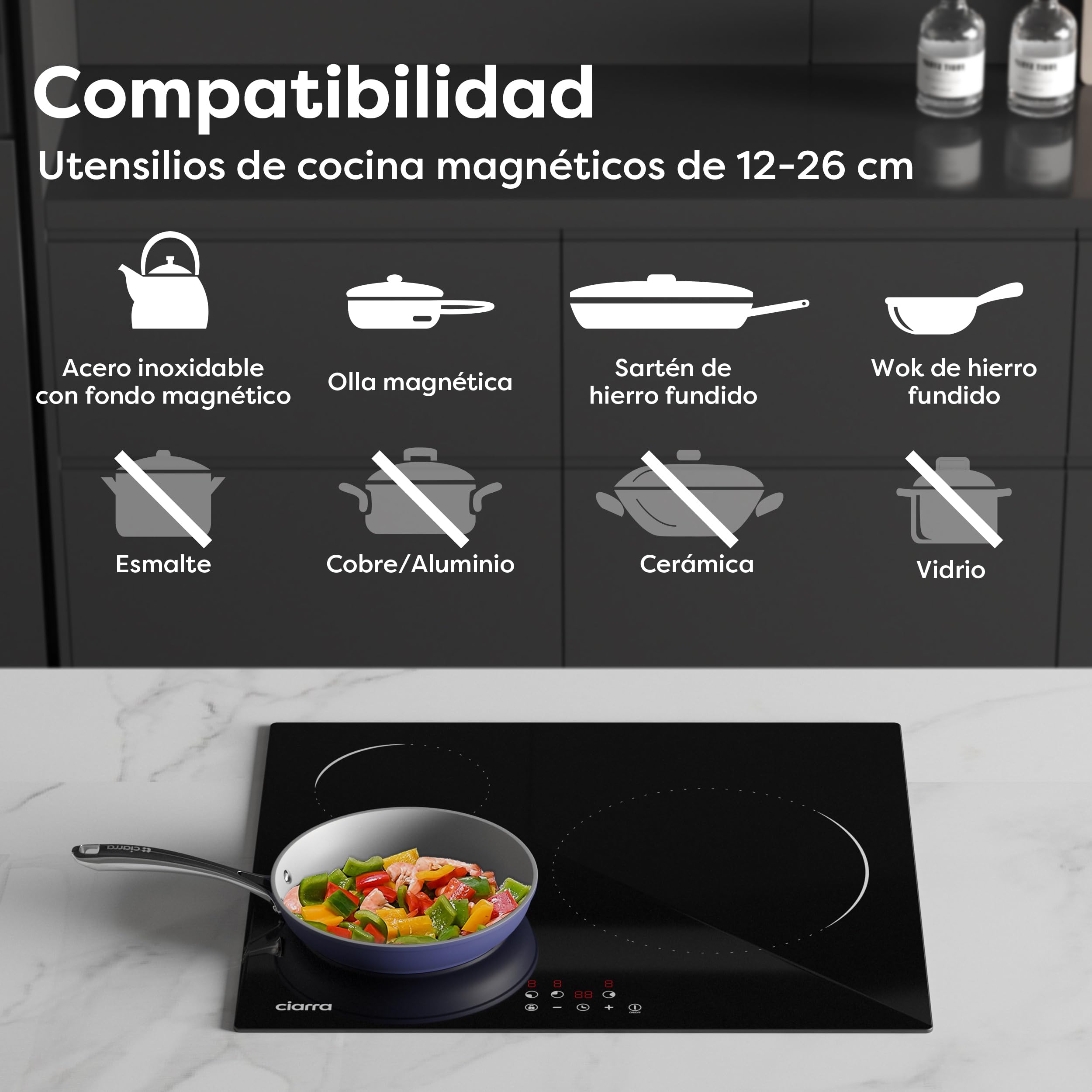 Ciarra CABBIH3-C Placa Induccion 3 Fuegos 60cm, Bloqueo Infantil | Limitador de potencia 2.8kW/3.5kW/5.6kW, Control táctil, 9 Niveles, Temporizador, Apagado Automático