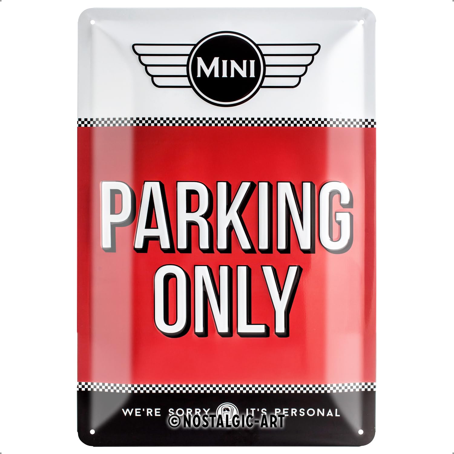 Retro Tin Sign – Mini – Parking Only Red – Gift idea for Cooper fans, Metal Plaque, Vintage design for wall decoration, 20 x 30 cm
