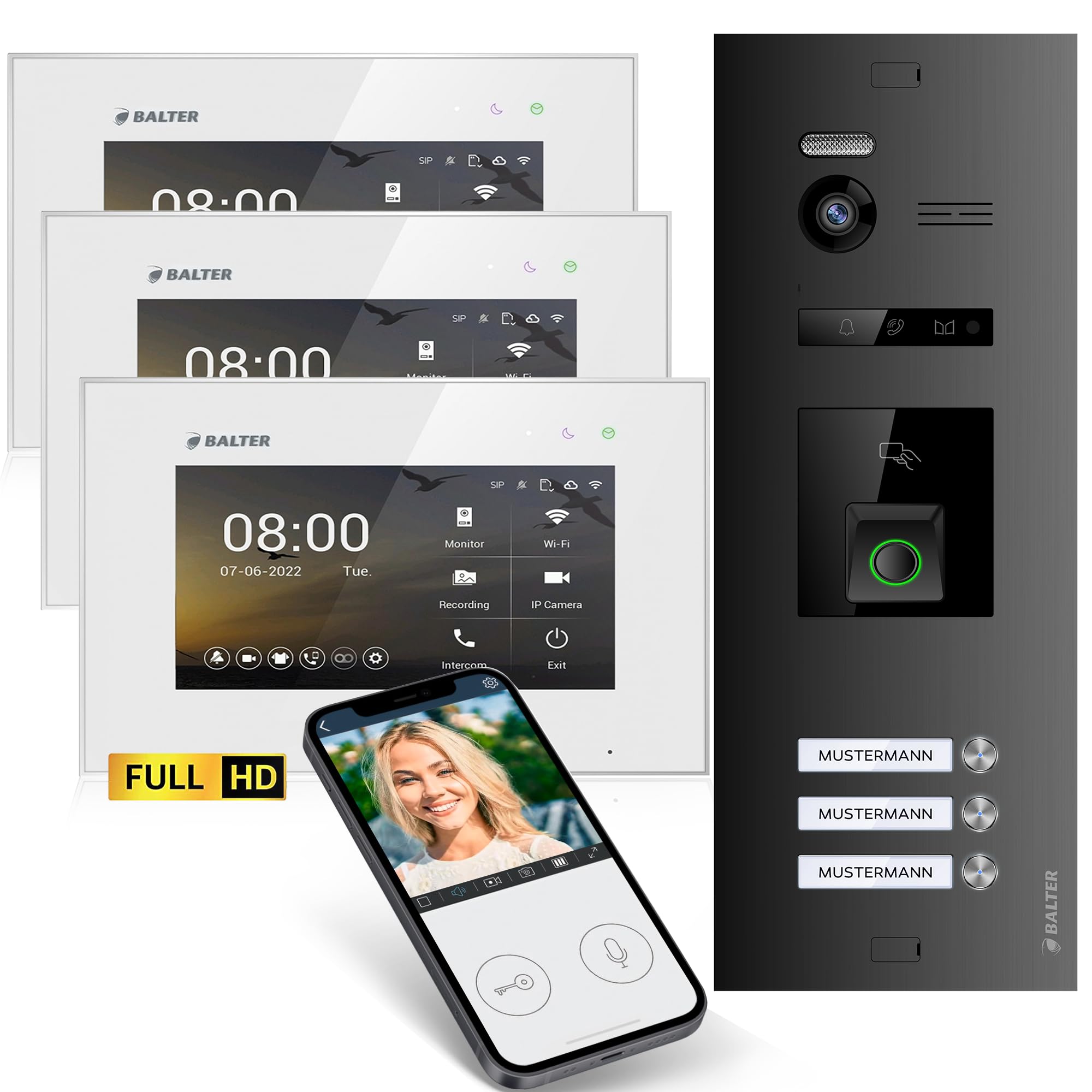 Balter EVO-HD Video Türsprechanlage mit Fingerprint, Video Türklingel, Smartphone App, 3 Familienhaus, 3X 7 Zoll Monitore, Türklingel mit Kamera Full HD, 2 Draht Bus, 175° Weitwinkel, RFID,1080P