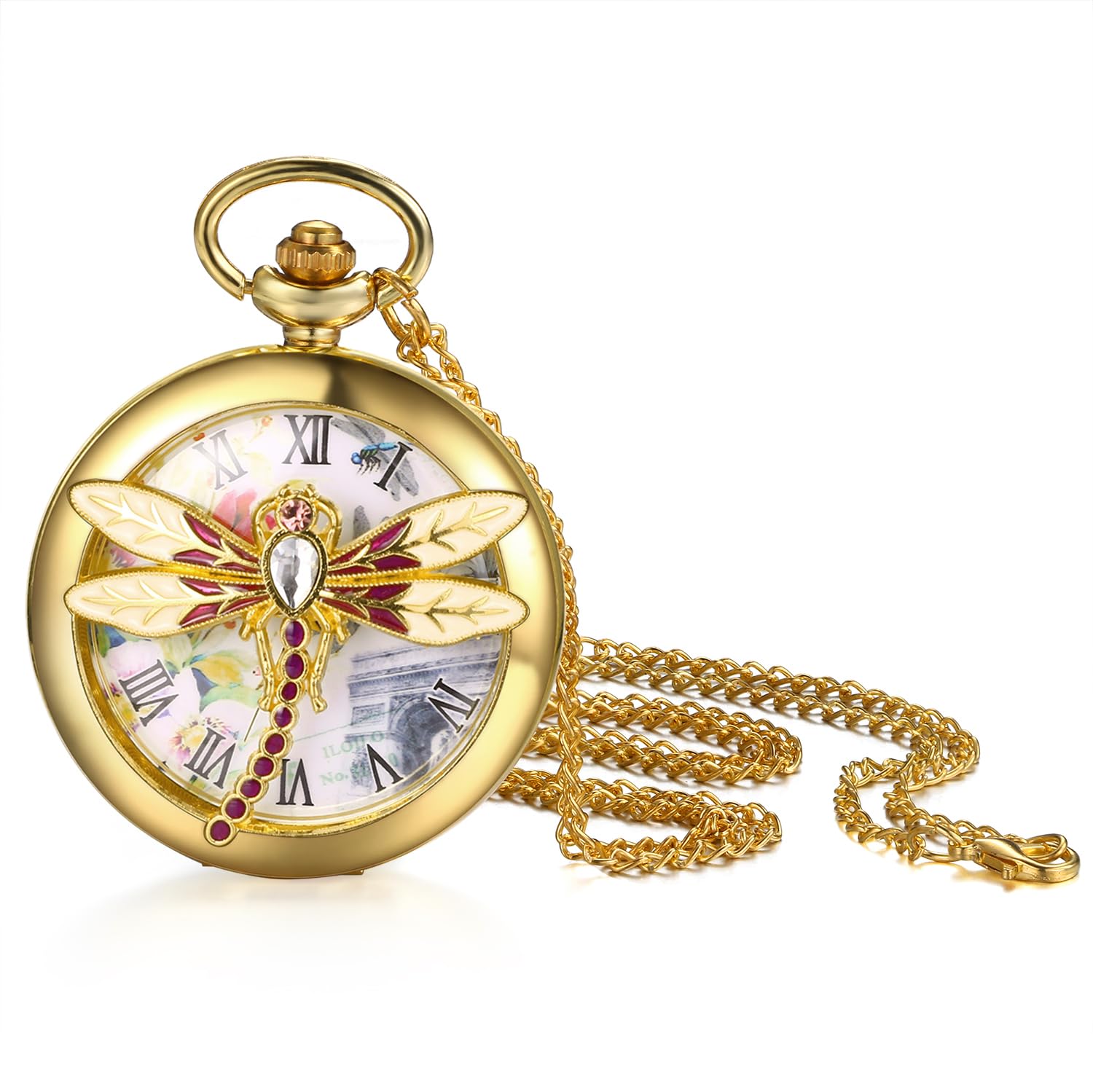 Quartz Dragonfly Pocket Watch: Ladies Gold Embossed Analog Roman Numerals Dial Women Fob Half Hunter Watch with Sweater Chain, gold-image-48