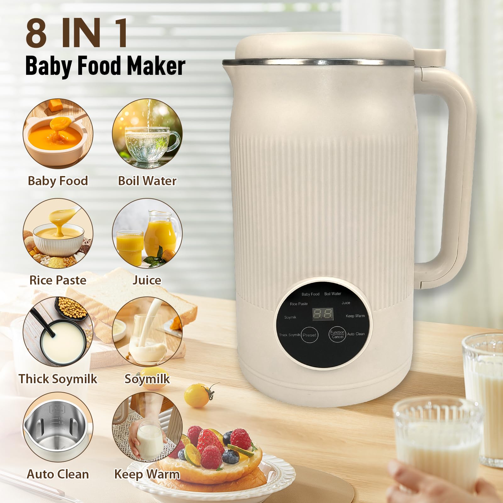 Machine à lait de noix 8 en 1 - 1200 ml - Automatique - Avec démarrage retardé et maintien au chaud - Pour lait d'amande, lait d'avoine, lait de cajou, soupes, bouillie