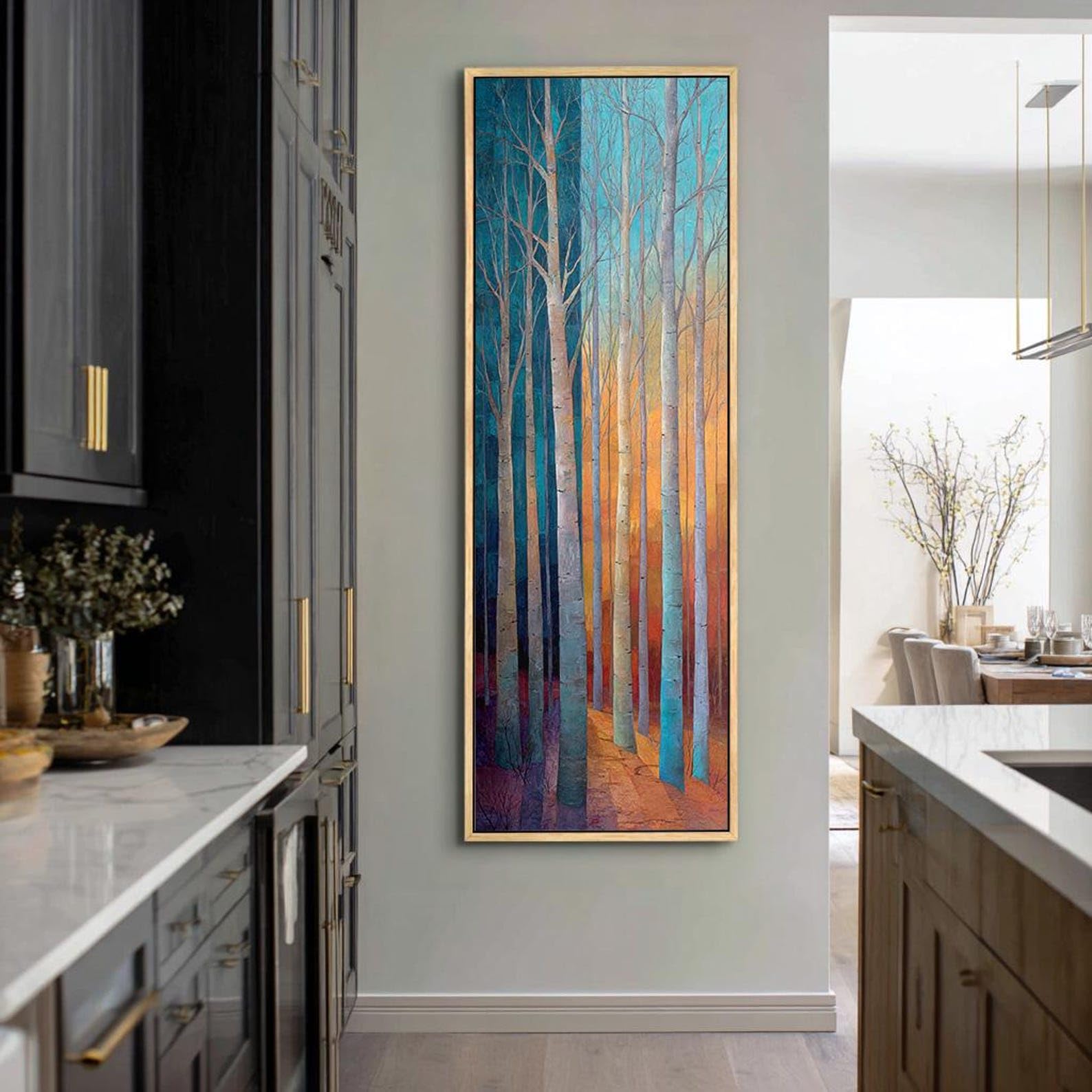 XINBAO Obraz na płótnie brzozowy, wysokie wąskie drzewa, druk pionowy inspirowany naturą dzieło sztuki, dekoracja ścienna na płótnie do domu (35 x 105 cm/wewnętrzna rama)