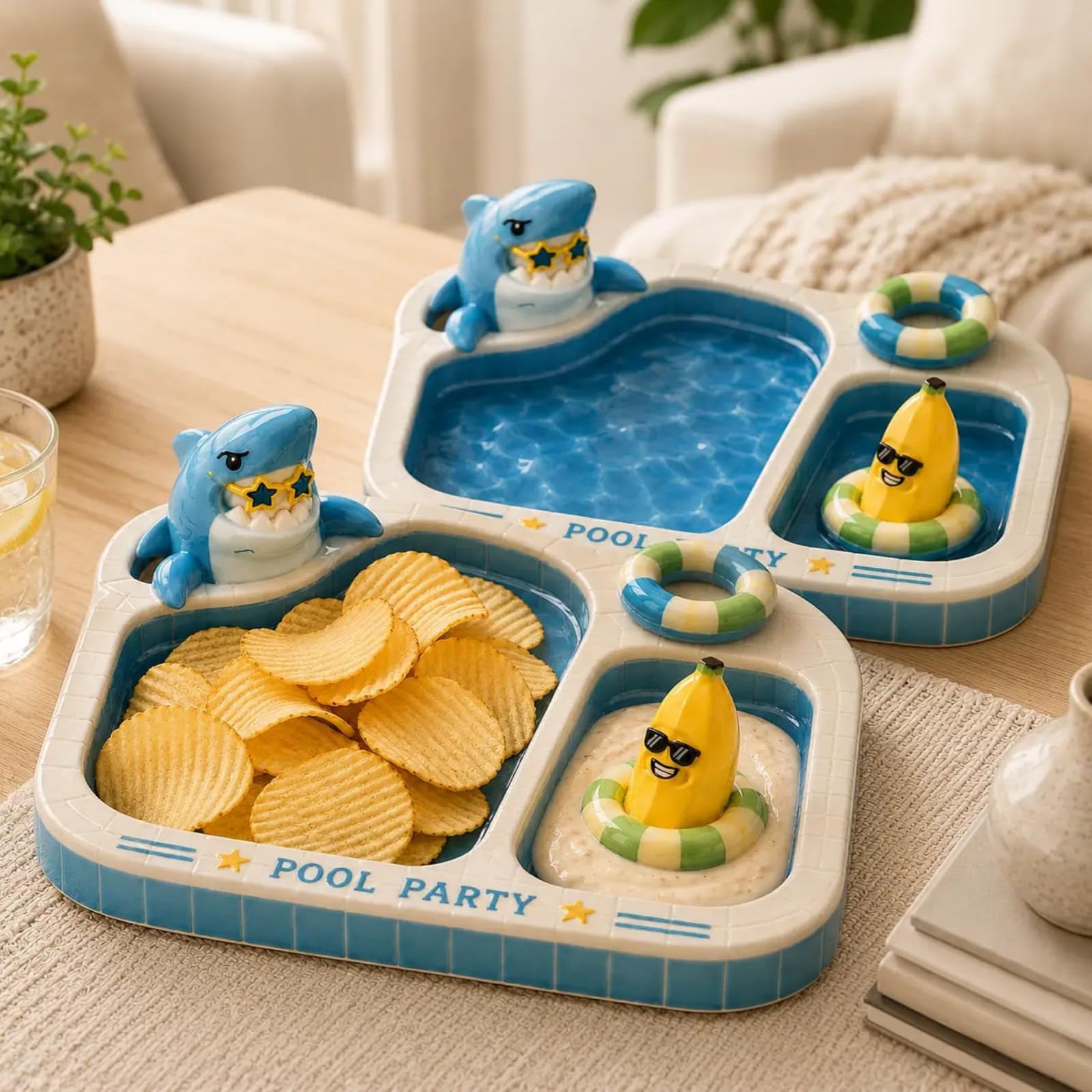 Generico Vassoio per patatine e salse per feste in piscina con squalo e banana, divertente piatto da portata per snack in ceramica con ciotola per salse, per decorazioni per riunioni estive (1pcs)