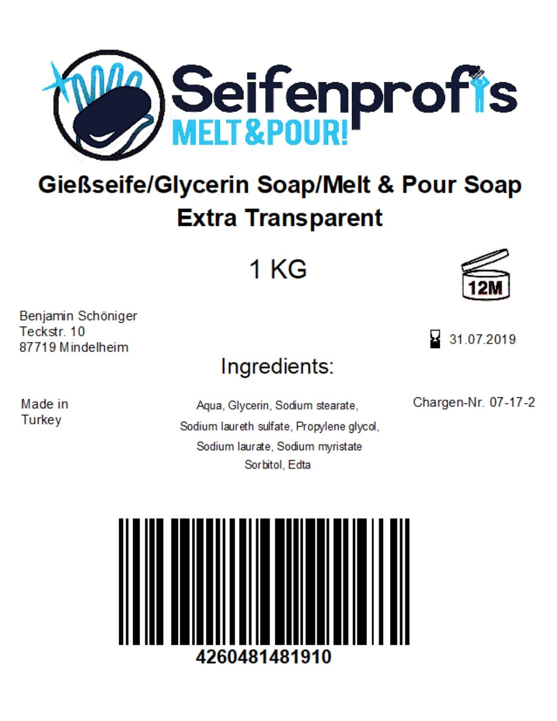 Sapone base alla glicerina (privo di SLS), trasparente, 2kg Transparent