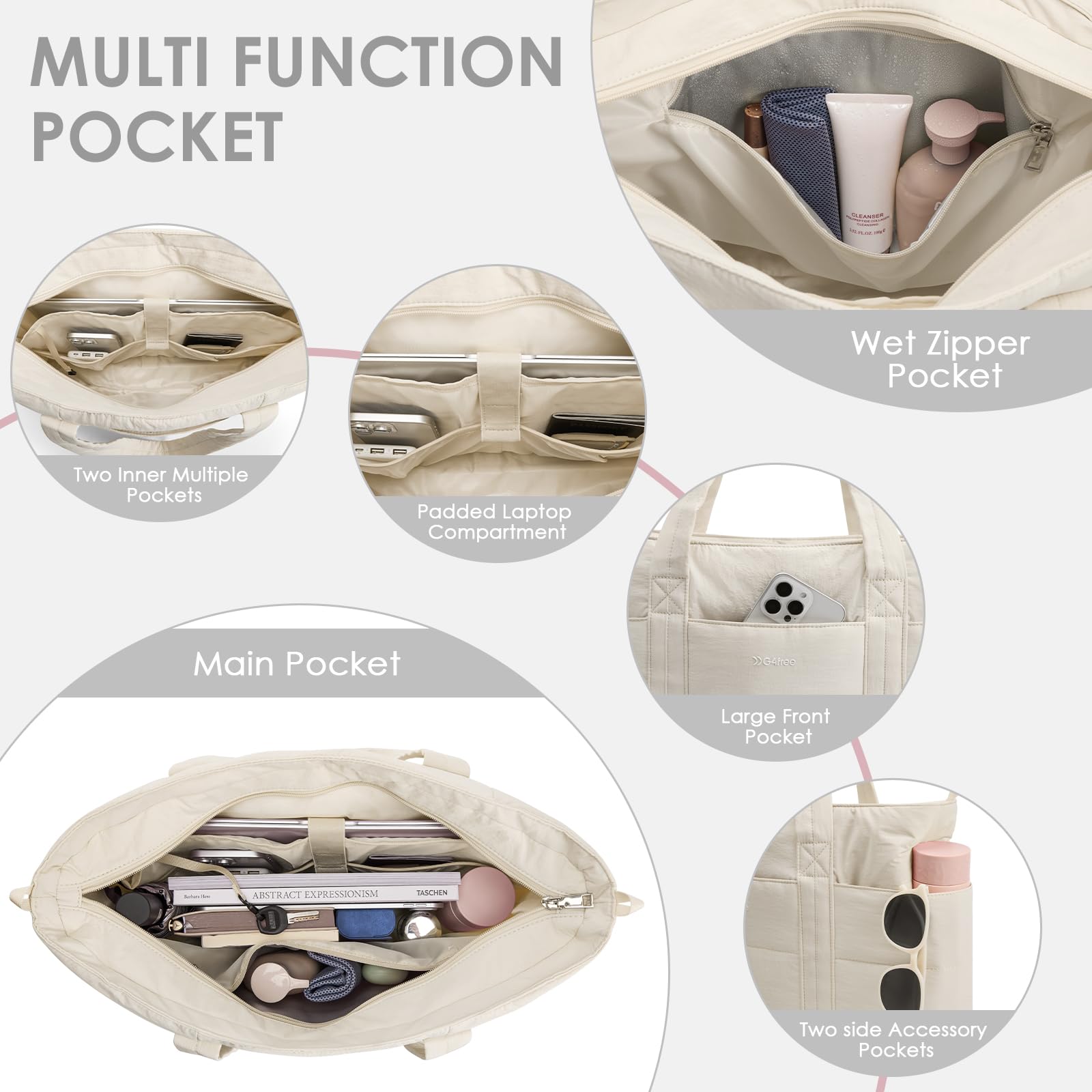 G4Free Bolsa de mano para mujer con compartimentos con cremallera, bolsas de trabajo acolchadas, expandibles para viajes